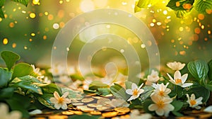 spring advertisment natural nackground with clower leaves, gold coins, bokeh lights and copy space