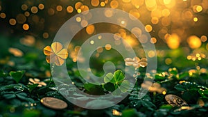 spring advertisment natural nackground with clower leaves, gold coins, bokeh lights and copy space