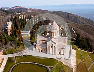 Spring aerial view of Church of St. Nino in Bodbe monastery