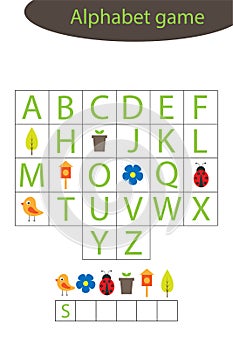 Spring alphabet game for children, make a word, preschool worksheet activity for kids, educational spelling scramble game for the