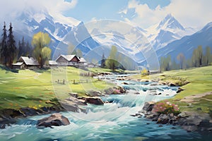 Spring Alpine landscape. Mountains, valley, houses, river. Horizontal composition