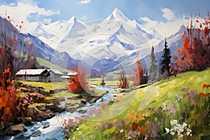 Spring Alpine landscape. Mountains, valley, houses, river. Horizontal composition