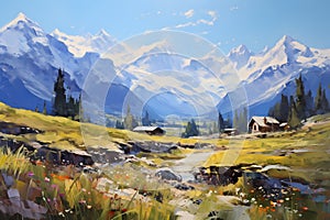 Spring Alpine landscape. Mountains, valley, houses, river. Horizontal composition