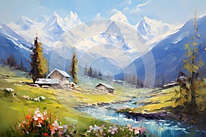 Spring Alpine landscape. Mountains, valley, houses, river. Horizontal composition