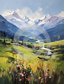 Spring Alpine landscape. Mountains, valley, houses, river. Vertical composition