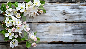 Spring apple blossoms flowering branch on wooden background