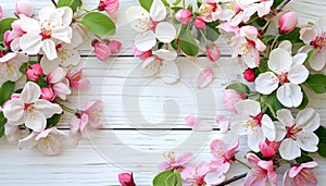 Spring apple blossoms flowering branch on wooden background