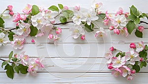Spring apple blossoms flowering branch on wooden background