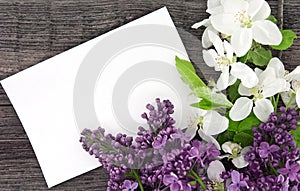 Spring apple tree blossom and lilac on rustic wooden background