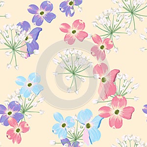Spring autumn violet blue pink flowers with herbs seamless pattern. Watercolor style floral background for invitation, fabric, wal
