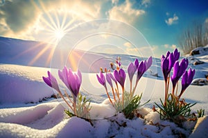 Spring awakening landscape with first purple crocus flowers on the snow at early morning sunrise sunlight. Generated AI.