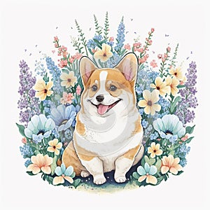 Spring Awakening with Welsh Corgi and Watercolor Blossoms AI Generated