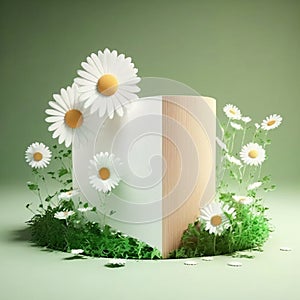 Spring Backdrop with Wood Podium Display, White Daisy Flowers, and Green Grass Pedestal. Generative AI