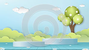 Spring background 3D green cylinder podium, flower bloossom on tree,Paper cut forest layer with cloud and blue sky background,