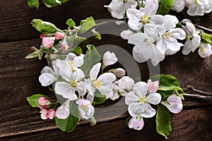 Spring background with apple blossom branches on wooden table