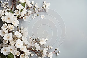 Spring background with beautiful white flowering tree branches. White blooming spring flowers on neutral background. Top