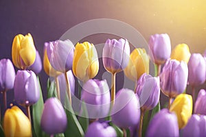 Spring background with beautiful yellow and lilac tulips with bokeh