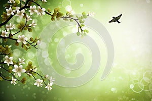 Spring background with blooming branch of apple tree and flying bird