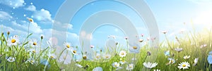 Spring background, blooming meadow, wild flowers, wide format, copy free space