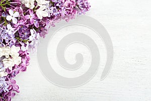 Spring background.  Different   tiny flowers of Lilac on the  white wooden shabby background. Floral border. Flat lay