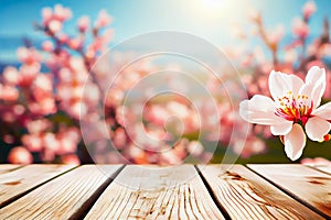 Spring background. Empty wooden table top with view of spring blossoming trees. Nature with bokeh background for product