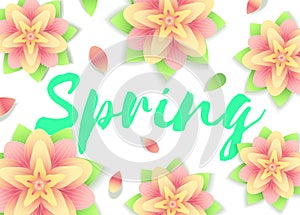 Spring background. Flowers on green backdrop. Vector template for Mothers day flyers, invitation, sale poster or banner.