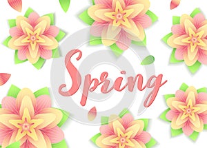 Spring background. Flowers on green backdrop. Vector template for Mothers day flyers, invitation, sale poster or banner.