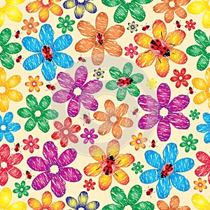 Spring a background with flowers and ladybirds.Vector