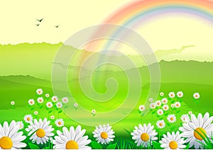Spring Background with flowers and rainbow photo