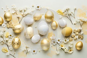 Spring background with gold yellow Easter eggs and fresh flowers. copy space, space for text