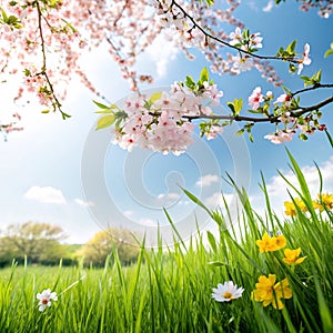 Spring background with grass and blue sky