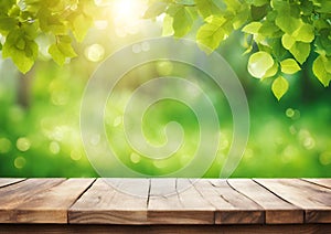 Spring background with green foliage and empty wooden table in nature. Beauty bokeh and sunlight.