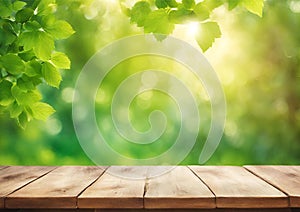 Spring background with green foliage and empty wooden table in nature. Beauty bokeh and sunlight.