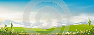 Spring Background with Green Grass Field Landscape with Mountain,Blue Sky and Clouds,Panorama Summer rural nature in with grass