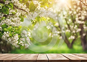 Spring background with lush foliage, flowering branches, empty wooden table outdoor