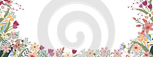 Spring background,Multicolour spring flowers and leaves on border on white background, Vector horizontal backdrop of cute blooming