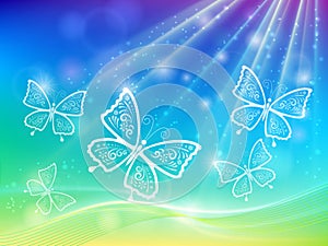 Spring background, with painted lace butterflies in the rays of light, decorated with waves and asterisks.