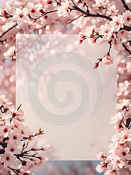 Spring background of pink cherry blossom branches. Space for text.