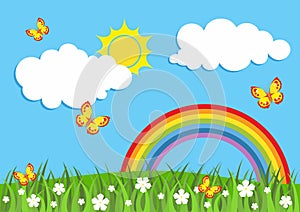 Spring Background with Rainbow. Rainbow with clouds, sun, grass, butterflies and flowers with  blue sky