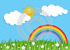 Spring Background with Rainbow. Rainbow with clouds, sun, grass and flowers with blue sky