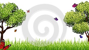 Spring background. Realistic green grass meadow, tree and flying butterfly. Easter, blooming season vector banner