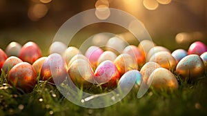 Spring background with row of colorful golden Easter eggs in green grass