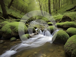Spring background Stream of water in the forest
