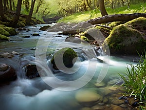Spring background. Stream of water in the forest