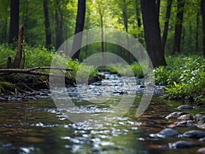 Spring background Stream of water in the forest.