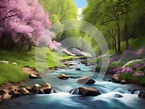 Spring background Stream of water in the forest