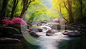 Spring background Stream of water in the forest