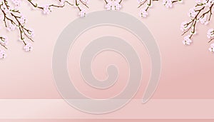 Spring background,Studio Room with 3D Podium Display with Cherry Blossoming on Pink Wall Background,Vector illustration backdrop