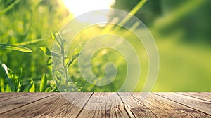 Spring background table. Green washed bokeh background