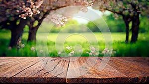 Spring background with white blossoms and sunlights in front of a wooden table. Spring apple garden on the background